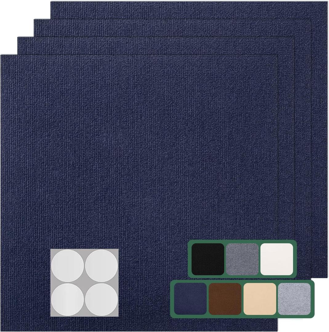 Carpet Tile 10 Pack 24 X 24 Self Adhesive Carpet Floor Tiles Anti-Slip Squares Peel and Stick Floor Tilel DIY Installation for Bedroom (Blue)