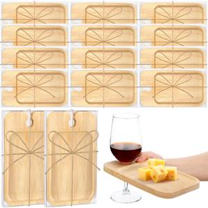 12 Set Wine Appetizer Plates Mini Charcuterie Boards with Wine Glass Holder and Box Gifts for Bridal Shower Game Prizes Wooden Cocktail Cheese Plate for Guests Baby Shower(Rectangle,Dark Color)