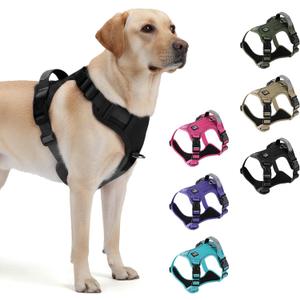 Heavy Duty Tactical Dog Harness for X-Large Dogs, No Pull Dog Harness with Handle & Front Clip, Reflective Soft Padded, Hook and Loop Panel, Dog Vest for Walking, Service Training, Black
