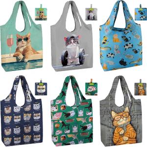 BeeGreen Cat Reusable Shopping Bags Cute Grocery Bag 6 Pack, Christmas Gift Bags Heavy-Duty Foldable Shopping Totes for Supermarket, Work & Travel, Large Washable Polyester Tote Bag with Handles
