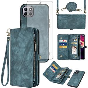 Asuwish Phone Case for Boost Mobile Celero 5G Plus 7 inch 2023 Zipper Wallet Magnetic Detachable Cell Cover with Tempered Glass Screen Protector Crossbody Lanyard Strap Flip Card Holder 5G+ Women Blue