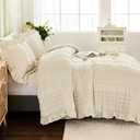 WONGS BEDDING Beige Textured Comforter Set King,3 Pieces Ruffle Farmhouse Shabby Chic Comforter for Queen Bed,Soft Seersucker Boho Bedding Set with 1 Ruffle Comforter,2 Tufted Pillowcases 104"90"