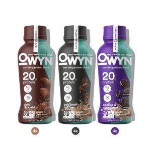 OWYN Protein Shake Variety Pack, Dark Chocolate, Cold Brew Coffee, Cookies and Creamless Flavored Protein Shakes, 20g Protein, 4g Sugar, 3g Fiber, Dairy Free, Plant Based Protein Drink, 12 Count Best By: 09/26/25