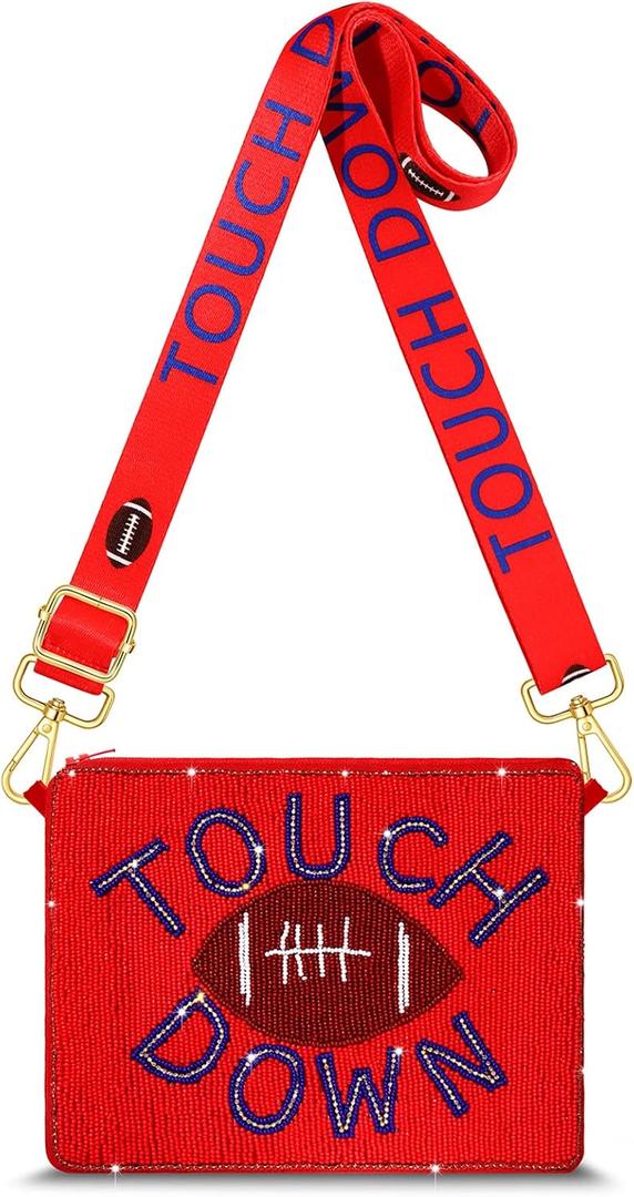 Game Day Beaded Purse for Women White Blue Football Purse Sports Crossbody Shoulder Bag Football Mom Accessories Outfits Gift