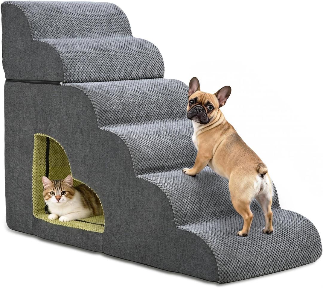 Dog Stairs for High Bed, Pet Stairs-6 Steps Up to 30" H High Bed with Tunnel 2 in 1 with Zippers Suitable, Non-Slip Balanced Indoor Pet Ramp for Dogs and Cats - Grey 6 Tiers