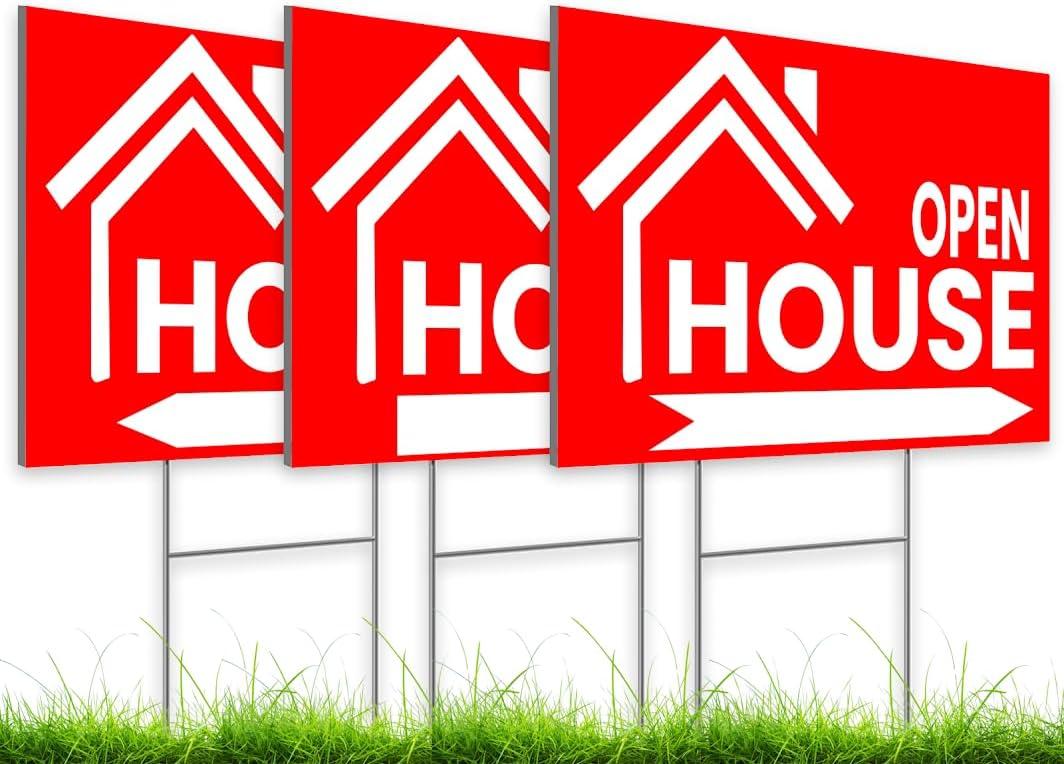 3X Double Sided 12x16 Open House Sign for Real Estate Agent Supplies for Sale Plastic Signs with H Wire Stakes - Realtor Supplies for Sent Houses for Sale Yard Sign - Moving Sale Directional Signs Kit