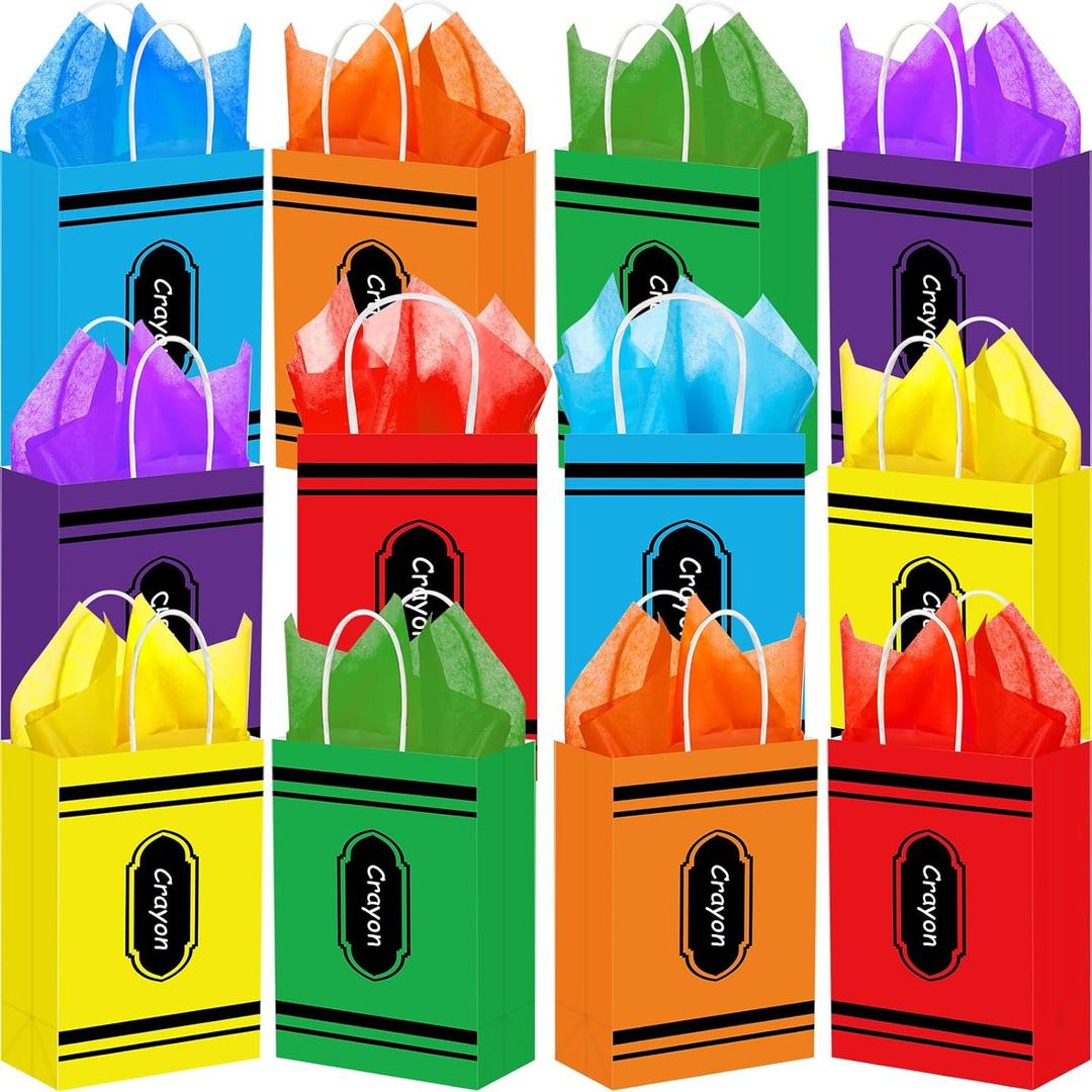 Geyoga 30 Pcs Welcome Back to School Crayon Gift Bags with Tissues for Teacher Crayon Paper Party Favor Treat Goodies Bags Bulk with Handles for Halloween Birthday Party Favor Supplies