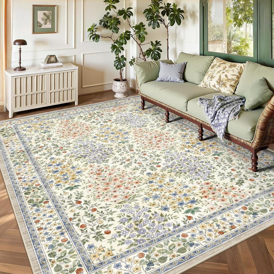 6x9 Area Rugs, Washable Floral Area Rugs for Living Room, Indoor Area Rug for Bedroom, Dining Room, Low Pile Non-Slip Non Shedding Rug(Beige Floral)