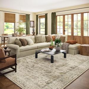 Washable Area Rugs for Living Room: 8x10 Bedroom Area Rugs Boho Vintage Rugs Stain Resistant Non Slip Low Pile Soft Lightweight Carpet for Kitchen Dining Room Farmhouse Nursery Kids Room Home Office (Brown and Cream)