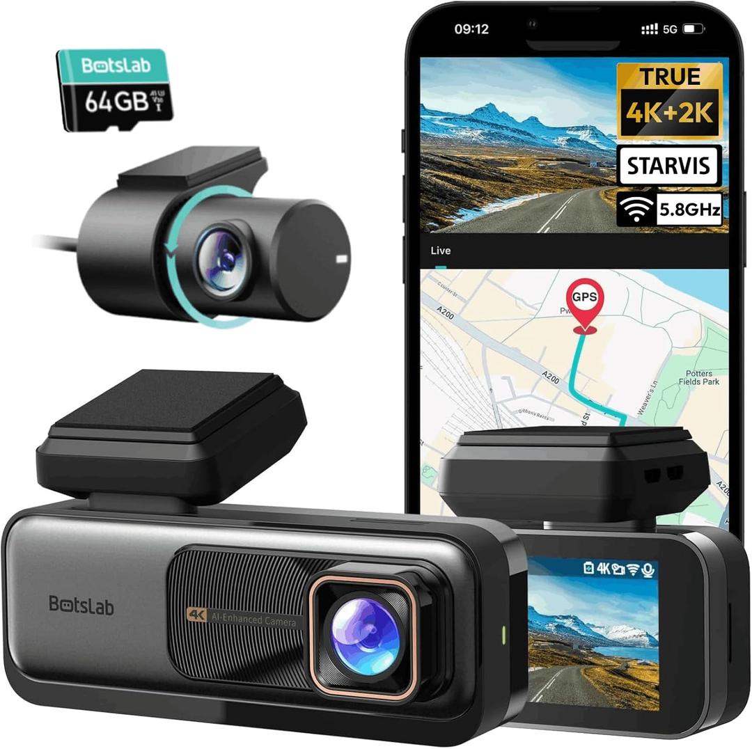 BOTSLAB 4K Dash Cam Front and Rear, 170 Ultra Wide 4K+2K Dashcam with ADAS, Night Vision, 24/7 Parking Mode, Sony STARVIS Sensor, WDR, Free 64GB SD Card, 5.8GHz WiFi, Built-in GPS, Loop Recording (silver)