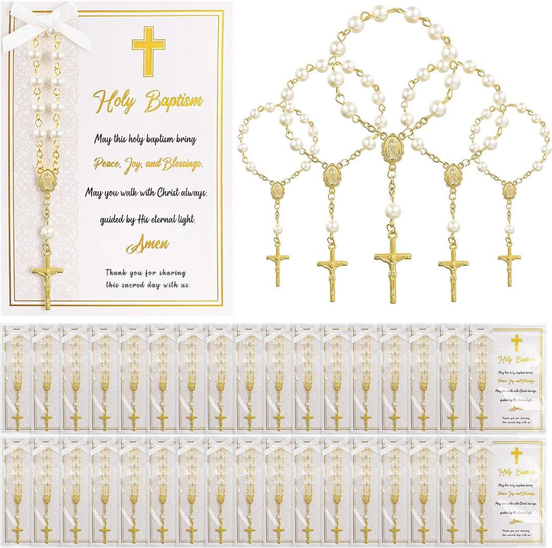Quelay 50 Sets Rosary Baptism Favors Mini Acrylic Rosary Finger Rosaries Gold Bead Faux Pearls with Cards and Bags Recuerdo De Boda Y Bautizo for Christening Party Favor(Baptism)