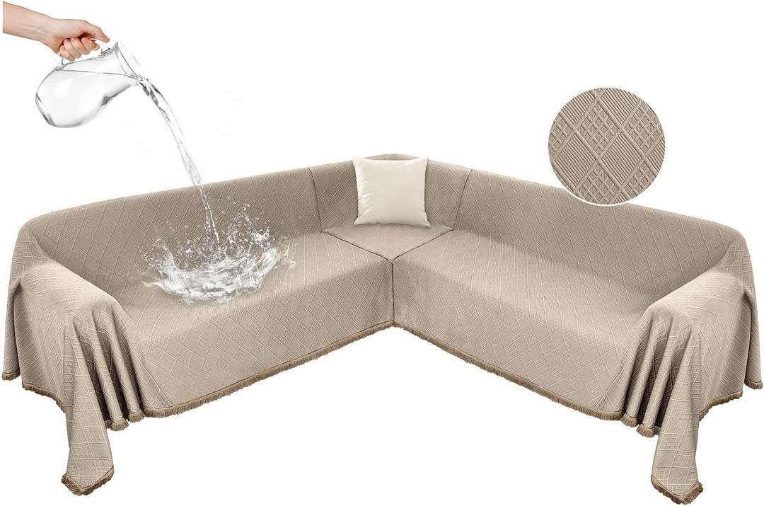 Waterproof Sectional Couch Covers Sectional Sofa Cover L Shaped Corner Sofa Slipcovers Blanket for Dogs Pets Washable Jacquard Quilted L Shape Furniture Protector (75x252 in, Light Khaki)