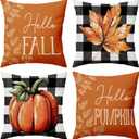 BBOLDIN Fall Throw Pillow Covers 18x18 Couch Cushion Covers, Thanksgiving Pumpkin Leaves Decorations for Sofa Home Porch, Orange Plaid Farmhouse Pillow Cases Autumn Decor Set of 4
