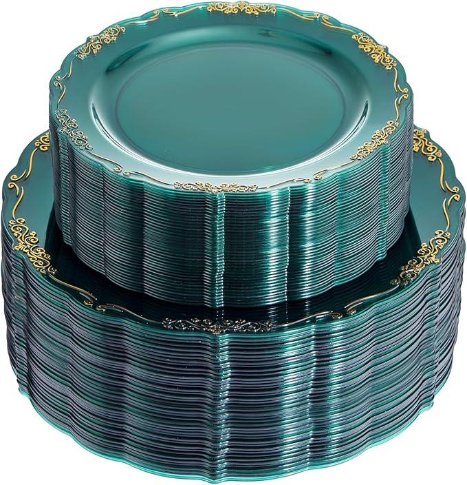 LIYH 100 Pcs Clear Green Plastic Plates Disposable Heavy-Duty Elegant Clear Gold Green Party Plates Include 50 Dinner Plate & 50 Dessert Plate Suitable for Wedding