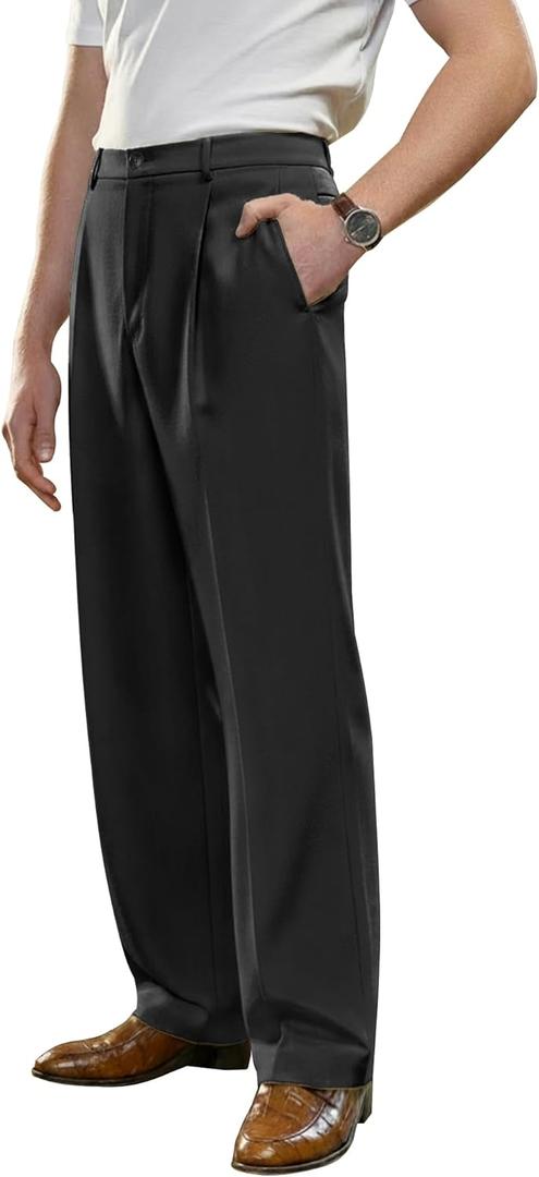 PLEPAN Men's Casual Dress Pants Pleated Baggy Wide Leg Relaxed Fit Slacks Expandable Waist Trousers (XX-Large)