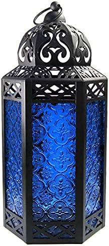 Vela Lanterns 12" Metal Moroccan Decorative LED Fairy Light Candle Lantern Holder for Hanging or Table, Indoor Home Decor, Outdoor Patio or Porch, Weddings, Cobalt Glass, Large