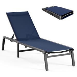 Aluminum Chaise Lounge Ourdoor - Foldable & Assemble Free Outdoor Lounge Chair with 5 Adjustable Backrest, Patio Lounge Chair for Outside Poolside Beach Pool, Navy Blue (1 Pack)