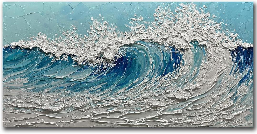 V-inspire Modern Ocean Wave Canvas Wall Art, 24 x 48 inches, Hand-Painted 3D Textured Oil Painting, Blue and White