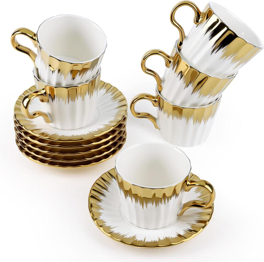 Coffee Cup Set of 6 with Saucers, 3.5 OZ Ceramic Espresso Cups, Deco Golden Turkish Coffee Cup Gift for Cappuccino, Latte, Cafe Mocha and Tea, Dishwasher & Microwave Safe (Gold Trim)
