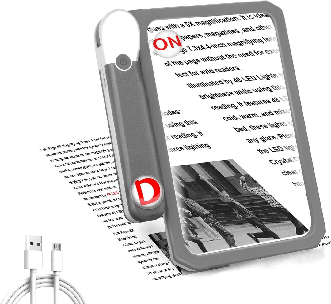 30X 10X 5X Large Magnifying Glass with Light, Rechargeable Foldable Full Book Page Magnifier, 48 LED Small Print Magnifier Sheet Lightweight for Low Visual Person and Seniors Light Gray