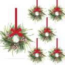 6 Pcs 9 Inch Christmas Wreaths for Kitchen Cabinet Artificial Norfolk Pine Hanging Wreath with Red Berry Pine Needles for Front Door Xmas Snowy Swags Wreaths for Christmas Winter Farmhouse Home Decor