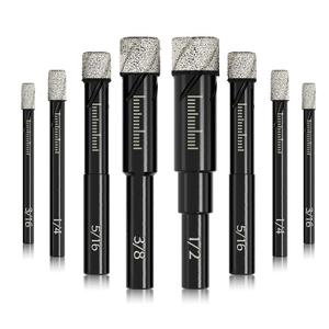 6 Pack Diamond Drill Bits Set for Granite Ceramic Marble Tile Stone Glass Hard Materials, Integrated Coolant for Fast Dry Drilling, Size 3/16 1/4 5/16 3/8 1/2 inch Masonry Core Drill Bits, Round Shank