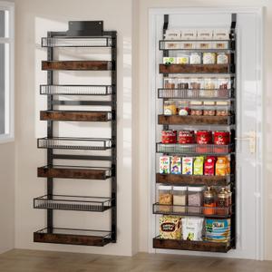 Over The Door Pantry Organizer,8 Tier Wall Mounted Spice Rack with Adjustable Wood Basket and Acylic Basket,Metal Heavy Duty Door Organizer Hanging Storage Shelf for Kitchen Pantry and Bathroom (Black)