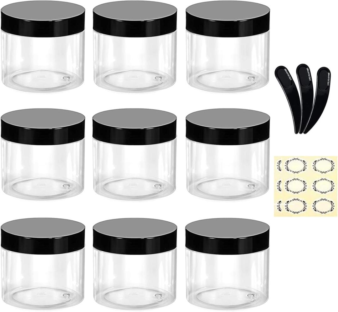 9Pcs 50g/50ml Empty Plastic Jars with 3 Mini Spatulas & 12 Labels Round Clear Cosmetic Sample Container with Inner Liners & Black Lids Travel Storage for Lotion Cream Ointments Makeup