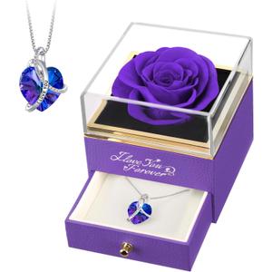 EleShow Preserved Real Purple Rose with Heart Necklace, Eternal Flowers Gifts for Mom Grandma Wife Girlfriend on Christmas, Valentines, Mothers Day, Anniversary, Birthday, I Love You Gifts for Her