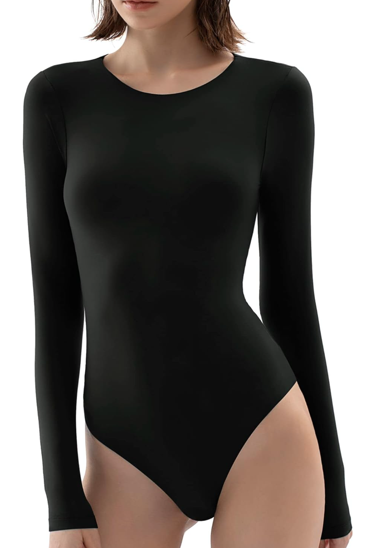 PUMIEY Women's Crew Neck Long Sleeve Bodysuit Second-skin Feel Tops Smoke Cloud Collection M