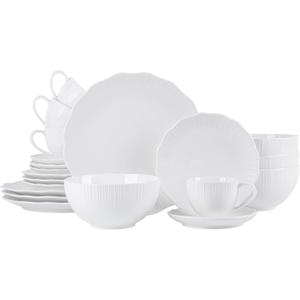 20 Pce Porcelain Dinnerware Set, Embossed Ceramic Cups, Saucers, Plates and Bowls, Microwave and Dishwasher Safe, Service Dining Dish Set for 4 (White, QOMO-1996)
