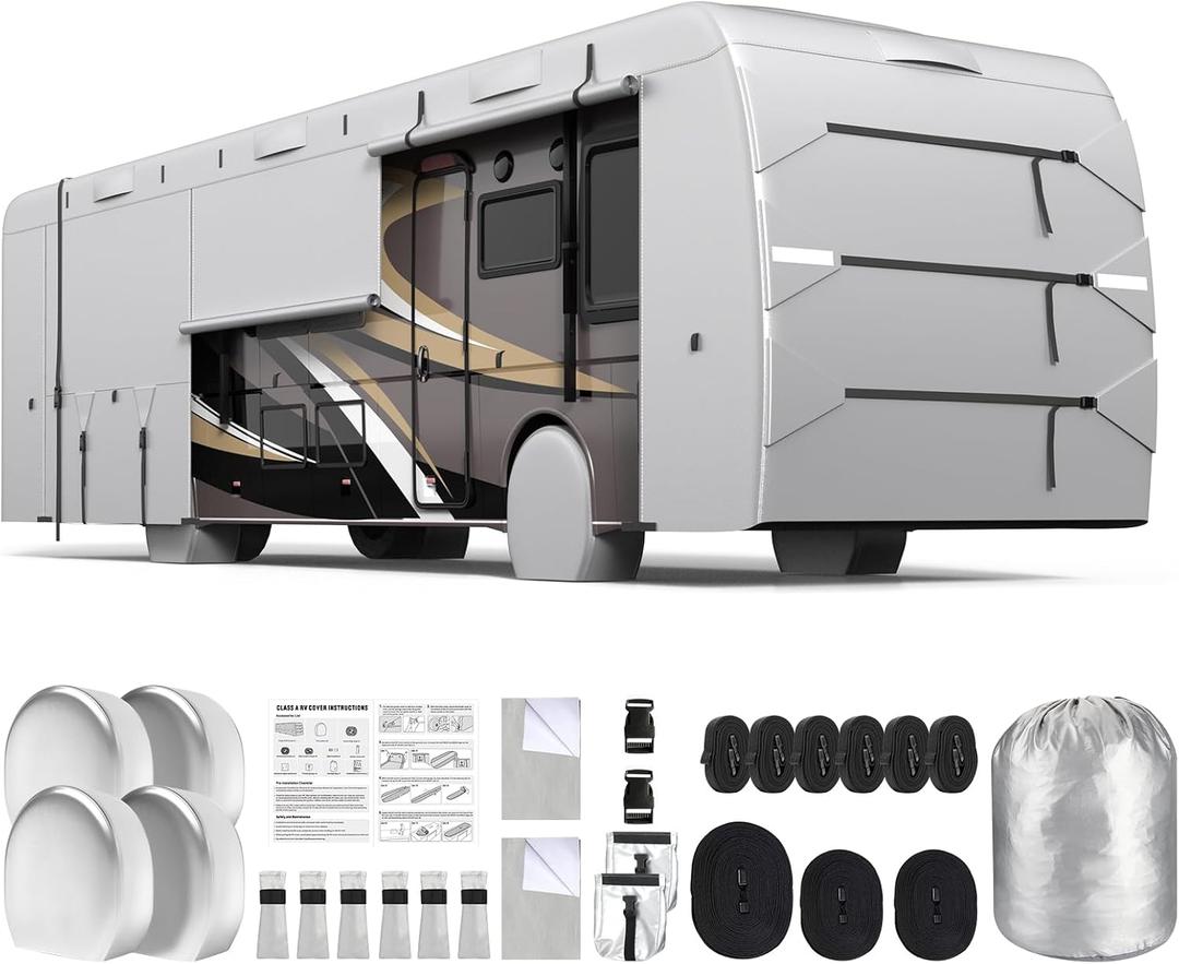 Mofeez Class A RV Covers 40-43 Ft, 420D Oxford Fabric Class A Motorhome Cover, Waterproof Windproof Anti-UV Anti-Tear Motorhome Camper Cover with 2Pcs Extra Straps & 4 Tire Covers