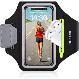 GUZACK Running Armband for iPhone 17 16 15 14 13 Pro Max, Galaxy S25 S24 S23 S22, with Card Slot & Key Pockets, Running Phone Holder, Fit Up to 6.9 Inches Phone - Size S (Smaller Arm 9-14 in)