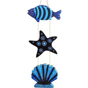 Geelin Coastal Blue Fish Door Hanger - Nautical Wooden Sea Decor with Fish Starfish and Shell Rustic Ocean Wall Art for Beach House Porch Bathroom Home Decor