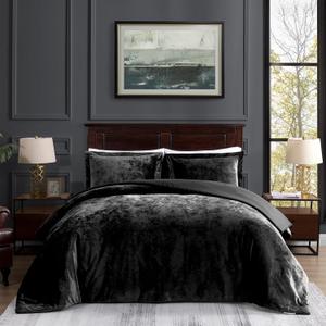 TAMGHO Crushed Velvet Comforter King, Black King Size Bedding for All Seasons, Luxury Soft 3pc Bed Set, 1 Oversized King Comforter (108"x96") and 2 Pillow Shams (20"x36"+2")