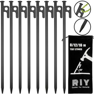 8 Pack Tent Stakes Heavy Duty 12 inch Steel Tent Pegs for Camping Unbreakable and Inflexible (Black)