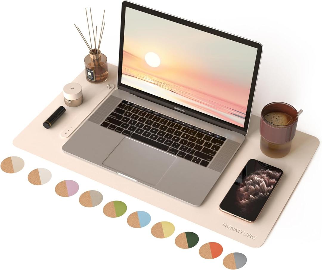 RENMTURE Desk Pad, Cork & PU Leather Desk Mat, Large Mouse pad, Non-Slip Desk Protector and Blotter, Waterproof Writing Pad, Desk Accessories and Organizers for Home Office (Apricot,23.6" x 13.7")