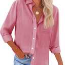 Womens Button Down Shirts Cotton Dress Shirts Oxford Shirts Long Sleeve Work Blouses Collared Tops Tunics with Pocket Camel Pink S
