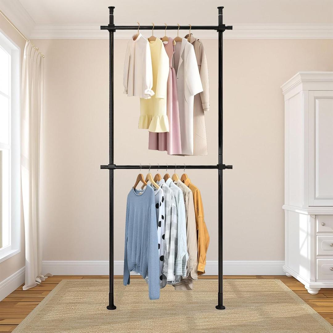 Heavy Duty Double Bar Clothing Rack  Adjustable Floor-to-Ceiling Clothes Rack, 2 Crossbars 220 lbs Capacity Each, Heavy-Duty Carbon Steel, No-Drill Installation, for Laundry Room, Bedroom & Boutique