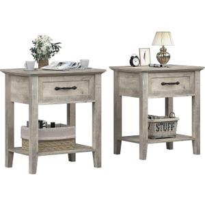 IDEALHOUSE Grey Nightstands Set of 2, End Table with Drawer, Side Table for Spaces, 2 Tiers Storage Shelves with Dresser, Bedside Table for Living Room, Bedroom, Dorm (2pcs-Grey)
