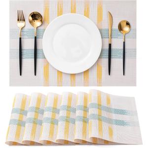 CADONO Placemats Set of 6 Washable Indoor/Outdoor Vinyl Place Mats for Dining Table Durable Non-Slip Heat Resistant PVC Weave Table Mats Beige Green Cross