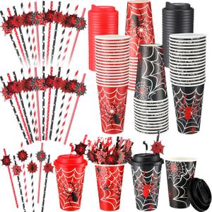 Yungyan 48 Sets 16 oz Halloween Spider Party Favor Goodie Cups with Lids and Straws for Spider Birthday Supplies Red Black Disposable Paper Cups Paper Straws for Halloween Birthday Movie Event