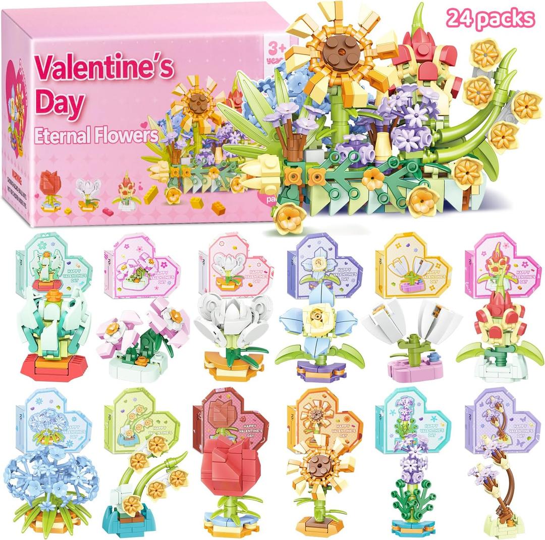 24 PCS Easter Eggs Filled with Flower Building Blocks, Easter Basket Stuffers Fillers for Kids, Classroom Prizes, Easter Party Favors Gifts for Boys and Girls (Valentines Flower)