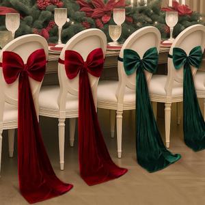 2 Pcs Velvet Chair Bows Sashes 12 x 43 Inch  Green Velvet Bows Chair Covers for Wedding Birthday Party Christmas Dining Room Elegant Ribbons Tie Bands Decoration