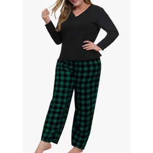 Women Plus Size Pajamas Set Plaid Lounge Pants V-Neck Short Sleeve Cotton T Shirt 2 Piece Sleepwear, Size:XXL Women Plus Size Pajamas Set Plaid Lounge Pants V-Neck Short Sleeve Cotton T Shirt 2 Piece Sleepwear, Size:XXL