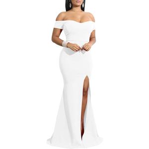 YMDUCH Women's Off Shoulder High Split Long Formal Party Dress Evening Gown (Large, White)