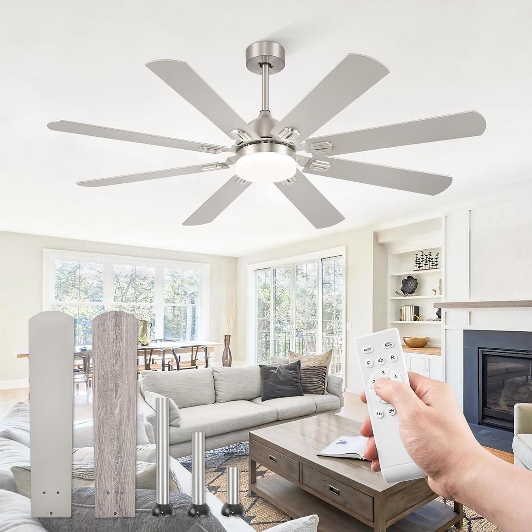 Fanbulous 62 Inch Ceiling Fans with Lights,Nickel Modern Ceiling Fan with Remote Large Farmhouse Indoor & Outdoor Ceiling Fan with 8 Dual Finish Blades, Quiet DC Motor, Bright LED Light