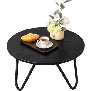 Round Coffee Table Black Wooden Coffee Tables for Living Room Mid-Century Modern Center Table Wood Grain Desktop and Metal Legs Easy to Assemble, 23.6 x 13.7 inches