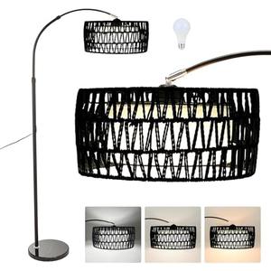 Arc Floor Lamp for Living Room, Stylish Rattan Boho Floor Lamp with 3 Color Temperature Dimmable LED Bulb, Farmhouse Tall Lamp, Arched Standing Lamp for Office Bedroom Living Room Corner (Black)