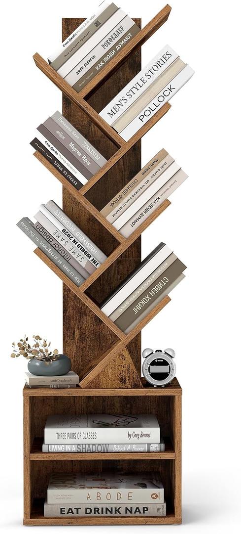 VASAGLE Custos Collection - Tree Bookshelf, Modern Bookcase, Floor Standing Book Shelf, for Bedroom, Living Room, Home Office, 2 Open Compartments, 8 x 15 x 48.5 Inches, Rustic Brown ULBC607K01, 7 Tiers